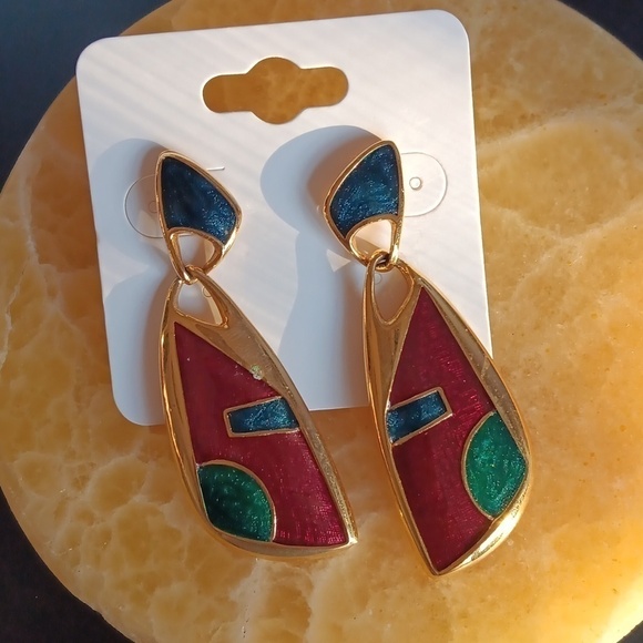 Gold Tone Jewel Tone Enamel Earrings - Picture 7 of 8